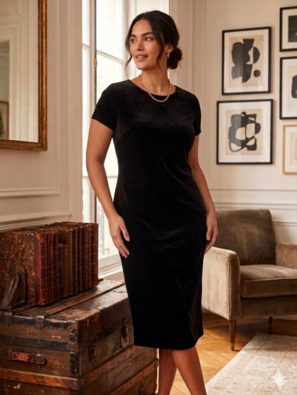 Black Velvet Short-Sleeve Full Length Dress -  Elegant Everyday Luxury Classy